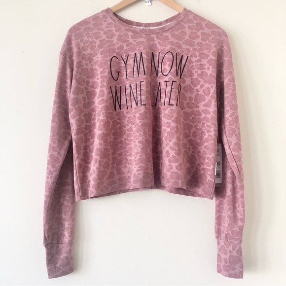 Rae Dunn Tops - NWT Rae Dunn Pink Leopard Cropped Athletic Long Sleeved Top Size S